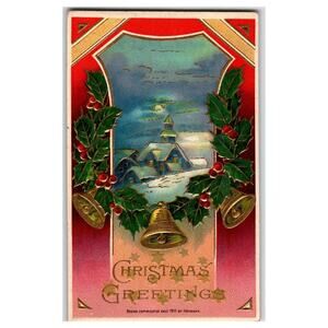 Vintage 1912 Heymann Christmas Greeting Postcard Snowy Church Scene
